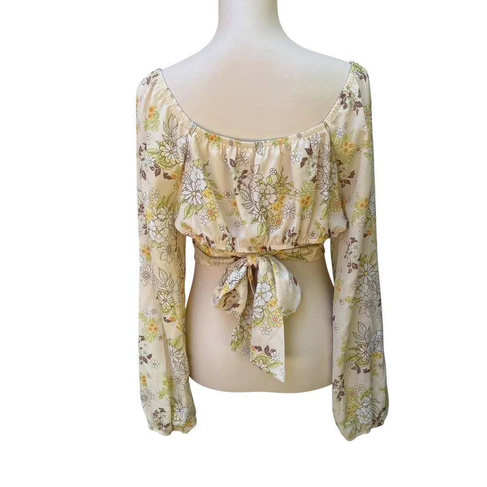 Madden NYC Floral Crop Top XL Yellow Retro Tie Back Long Sleeve Boho Festival - Picture 5 of 10